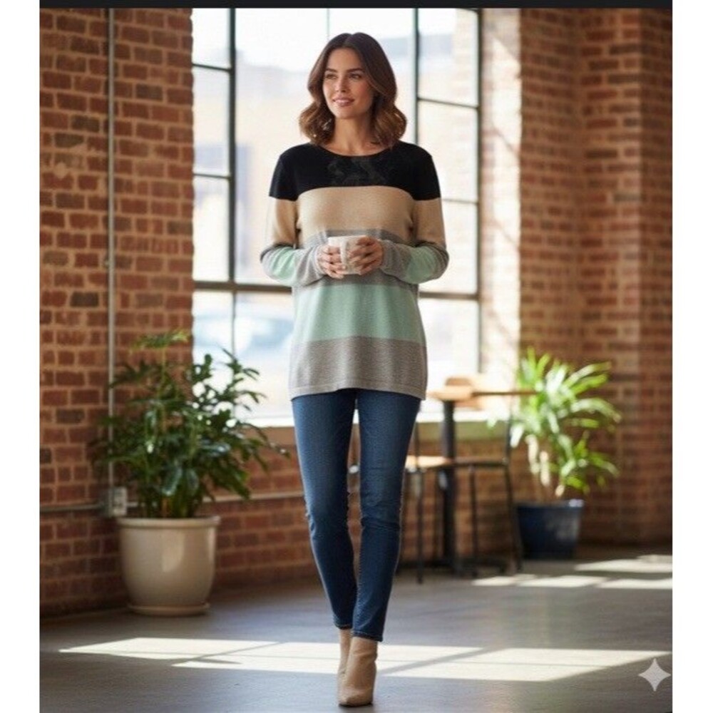 Market & Spruce Striped Colorblock Sweater Large Stitch Fix Mint Tan Grey Black